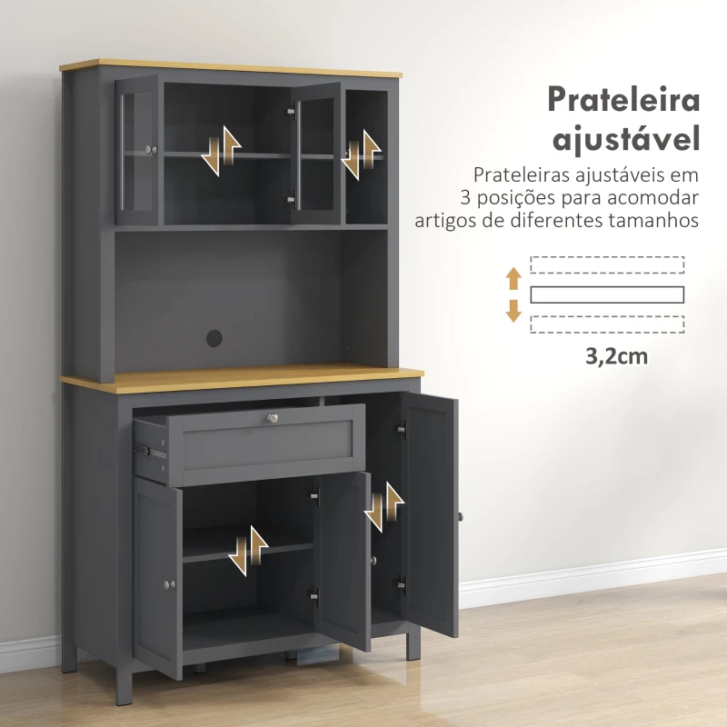 HOMCOM Armário de Cozinha Alto com 5 Portas Prateleira Ajustável, Gaveta Bancada Aberta para Microondas Orifício para Cabo 100x40x180 cm Cinza