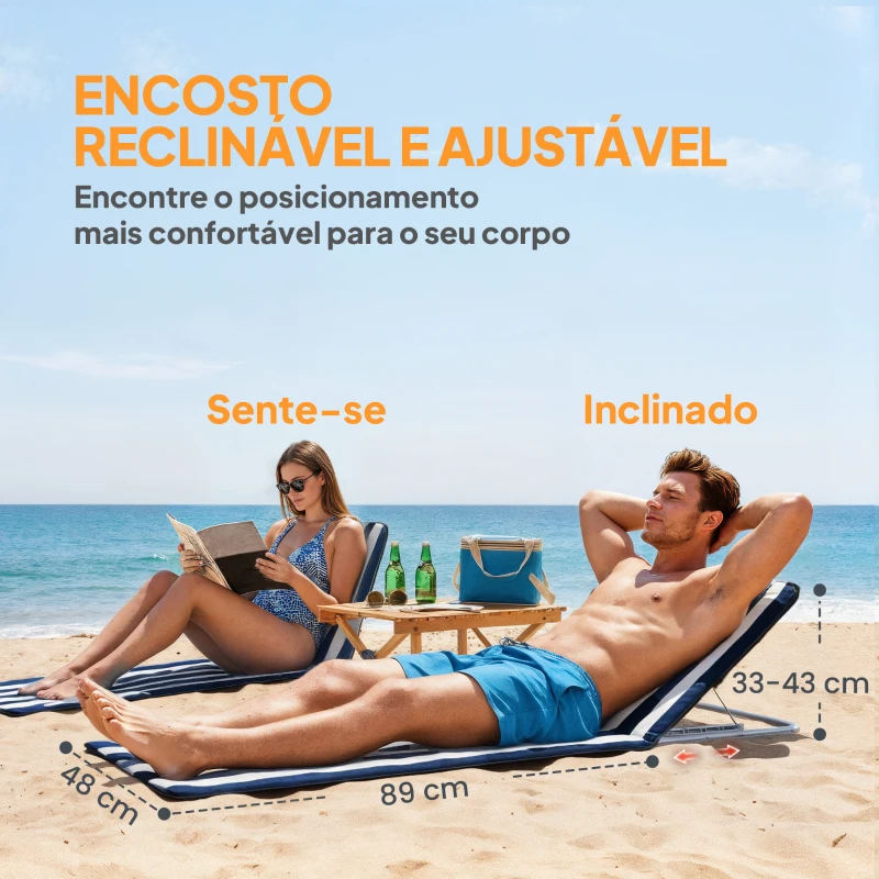 Outsunny Conjunto de 2 Esteiras com Encosto Reclinável Apoio de Cabeça e Bolsa de Transporte 134x48x33-43 cm Brancas e Azuis