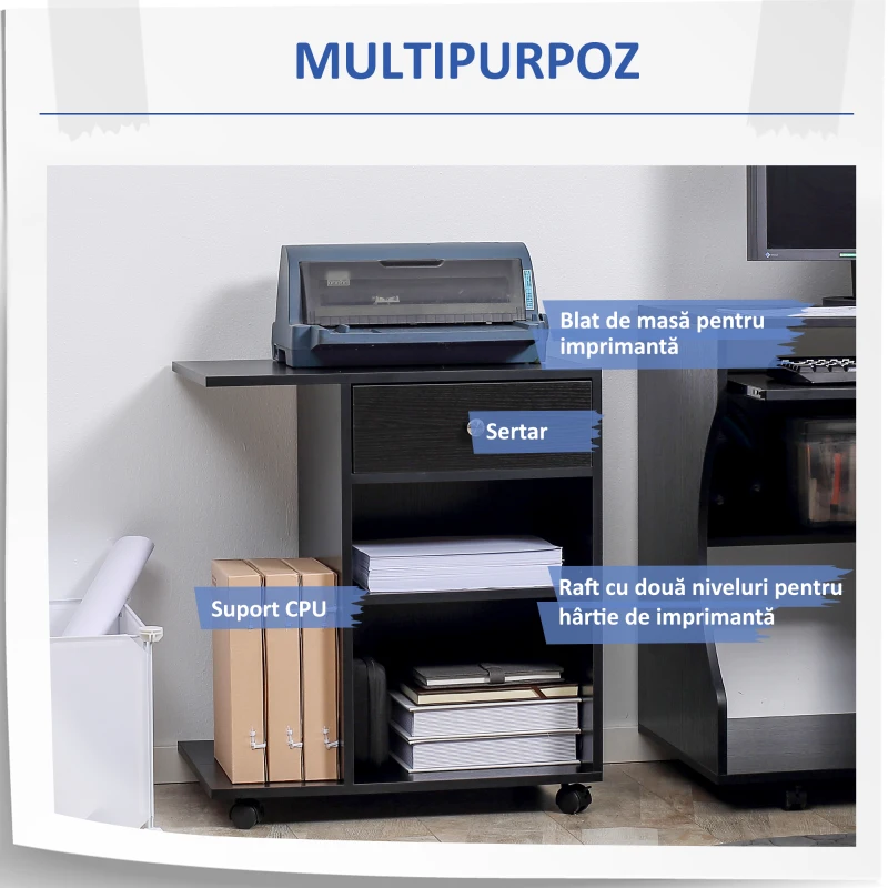 Vinsetto Mobila pentru Imprimanta din Lemn Negru cu 1 Sertar 2 Etajere Raft CPU