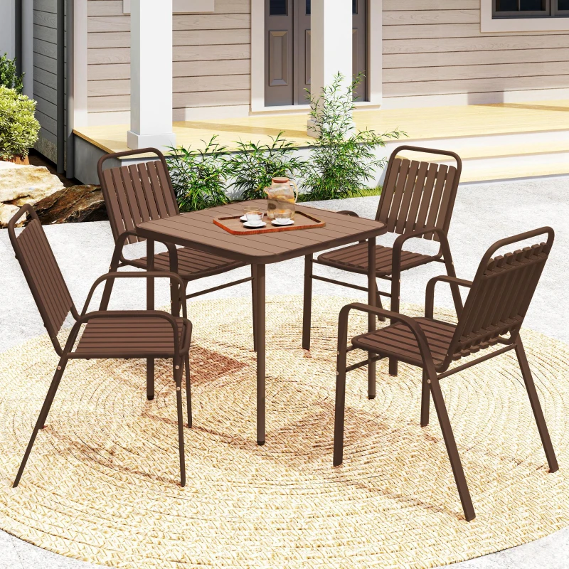 Outsunny Lot de 4 chaises de jardin chaises empilables d'extérieur haut dossier et accoudoirs cadre acier 56x66x91cm marron foncé