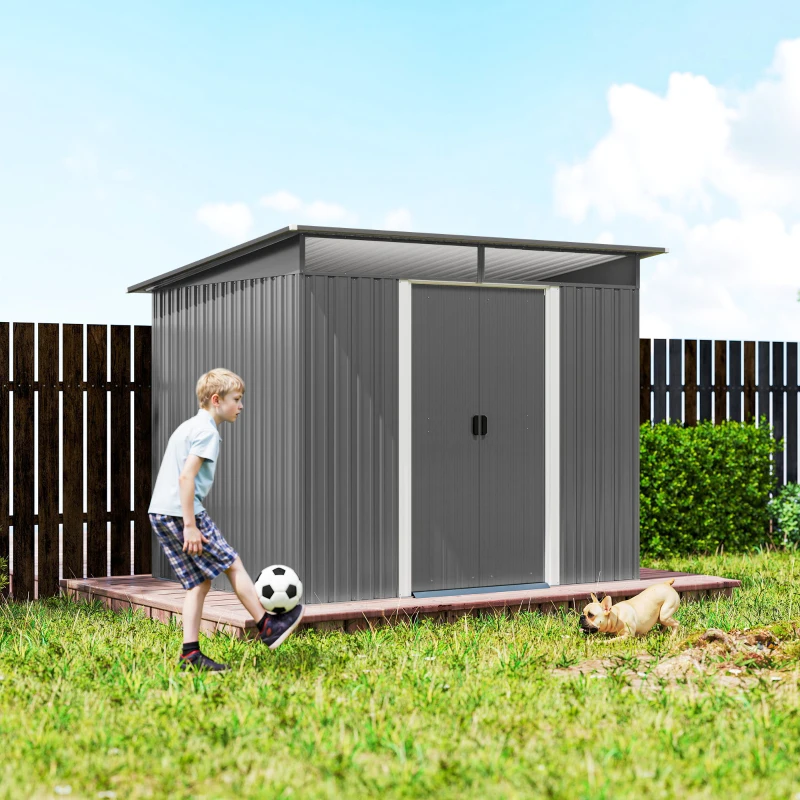 Outsunny 9ft x 6.5ft Garden Storage Shed with Top Window, Metal Outdoor Shed Tool House with Double Doors, Light Grey