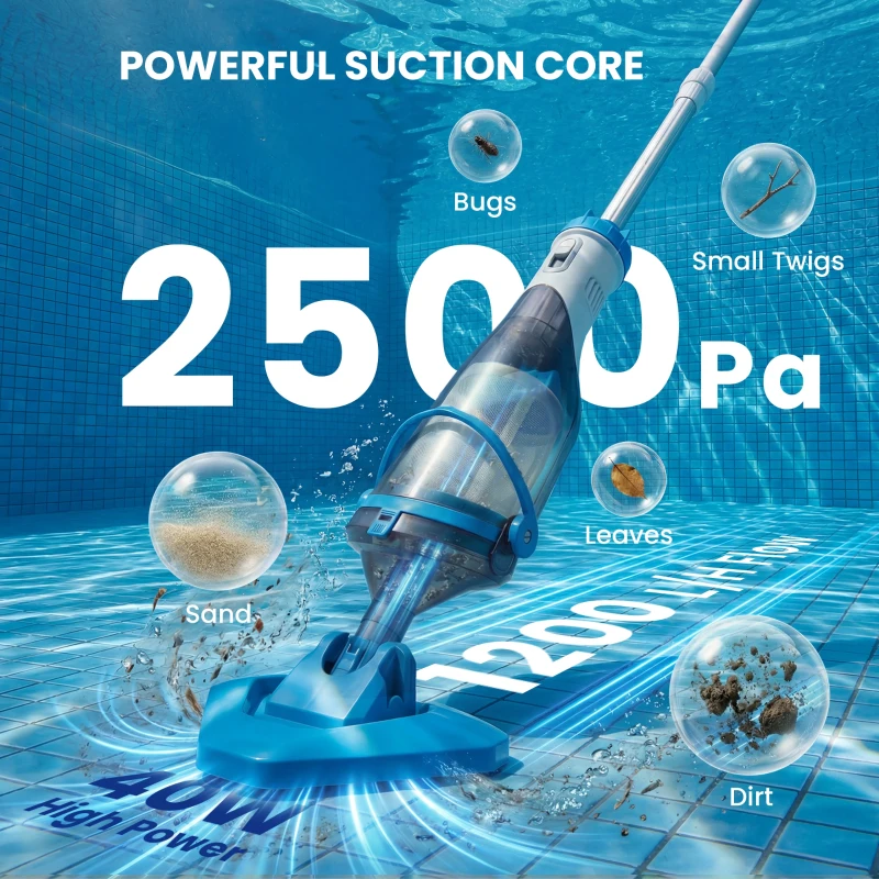 Outsunny Zwembadreiniger, draadloze stofzuiger met verstelbare steel (63-150 cm) en borstel, geschikt voor kleine zwembaden, jacuzzi's en vijvers