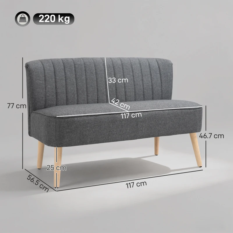 HOMCOM Modern Double Seat Sofa Loveseat Couch 2 Seater Compact Sofa Padded Linen Wood Leg Grey