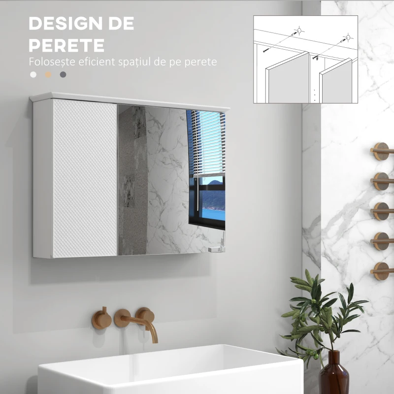 HOMCOM Dulap cu Oglindă și Rafturi Reglabile pe 3 Nivele, Oglindă de Perete din Sticlă și Lemn, 65x15x49 cm, Alb