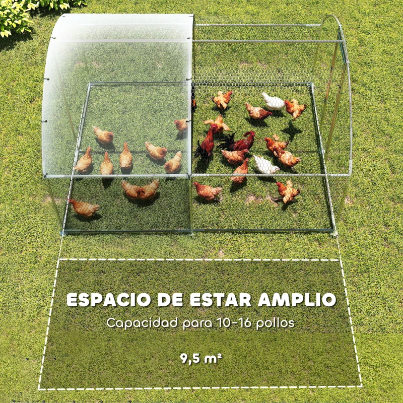 PawHut Gallinero para Exterior 2,8x3,4x1,9 m Cubierta de Tela Oxford Anti-UV Impermeable Pestillos para 10-16 Gallinas Plata