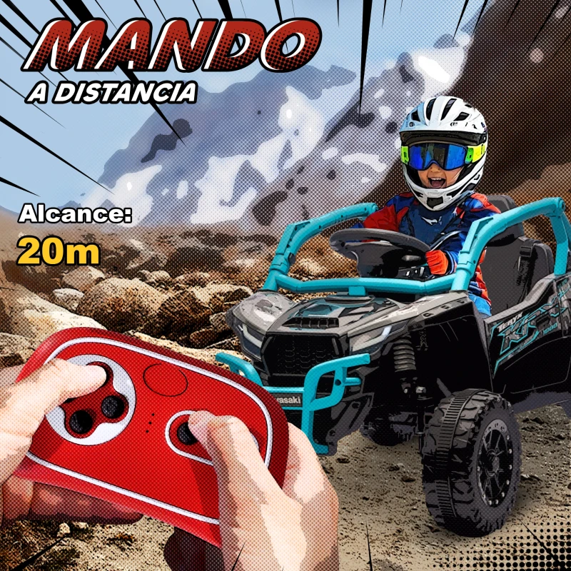 AIYAPLAY Coche Eléctrico para Niños 12V con Licencia Kawasaki Teryx KRX 1000 Control Remoto Suspensión Trasera Azul