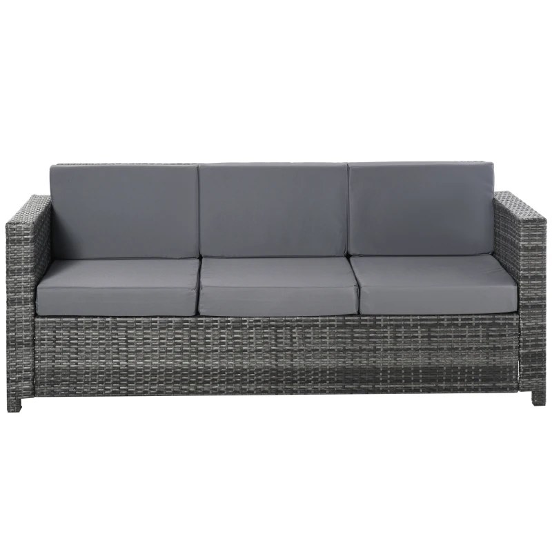 Outsunny Divano da Esterno 3 Posti in Rattan PE e Metallo con Cuscini per Seduta e Schienale, 185x70x80 cm, Grigio