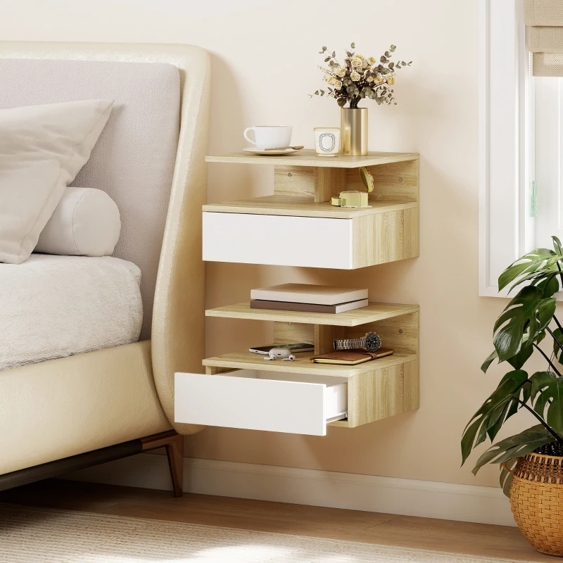 HOMCOM Set da 2 Comodini Sospesi con Cassetto e Ripiano Superiore, in Legno, 35x32x22.5 cm, Bianco e Rovere