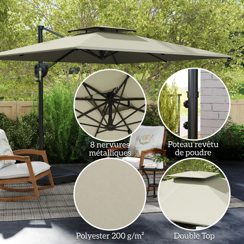 Outsunny Parasol déporté carré 2,5 x 2,5 m, parasol de jardin extérieur avec manivelle, 2 bases incluses, 8 baleines, gris clair
