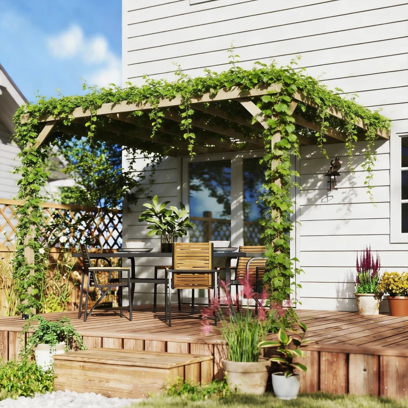 Outsunny Lean-To Wooden Pergola Kit, Decorative Garden Gazebo with Stable Structure and Concrete Anchors, 3 x 3 m, Light Brown