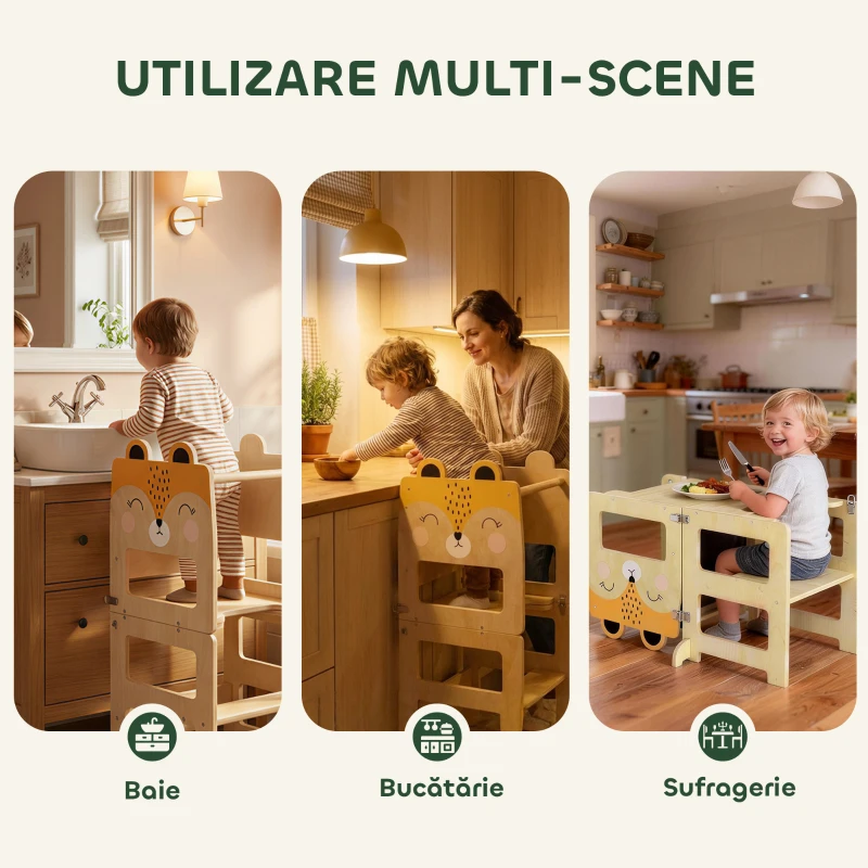 Turn Montessori AIYAPLAY pentru Copii 2-5 Ani cu Tablă și Măsuță, Scăunel pentru Copii din Placaj, 57x39x93 cm, Culoare Lemn