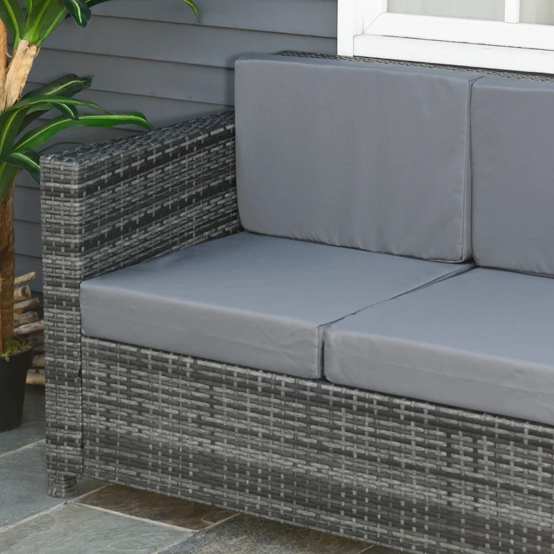 Outsunny Divano da Esterno 3 Posti in Rattan PE e Metallo con Cuscini per Seduta e Schienale, 185x70x80 cm, Grigio