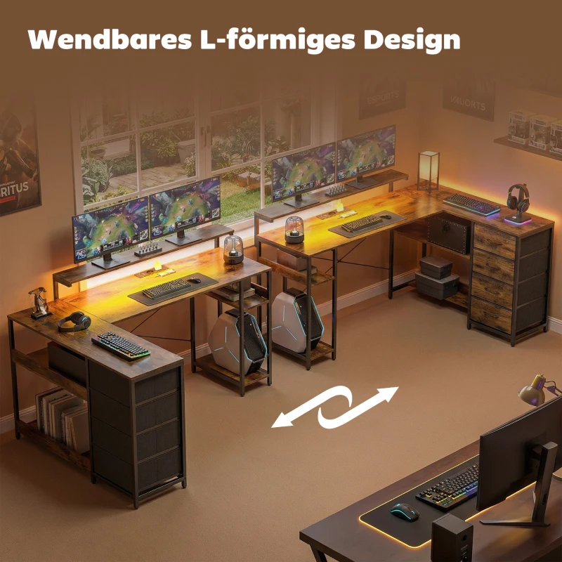 HOMCOM Gaming Tisch L-förmig Schreibtisch mit Stromanschluss LED-Beleuchtung 4 Schubladen Monitorständer 155x110x91,4 cm Braun