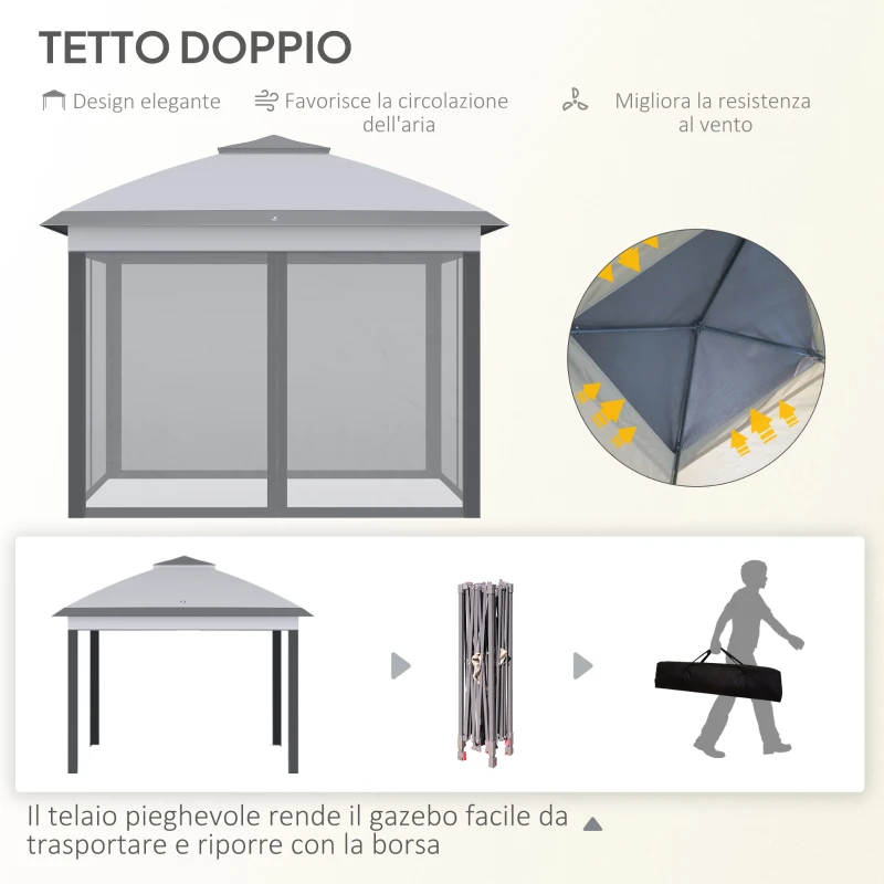 Outsunny Gazebo da Esterno Pieghevole ad Altezza Regolabile con Zanzariere, 3.3x3.3x2.8 m, Grigio