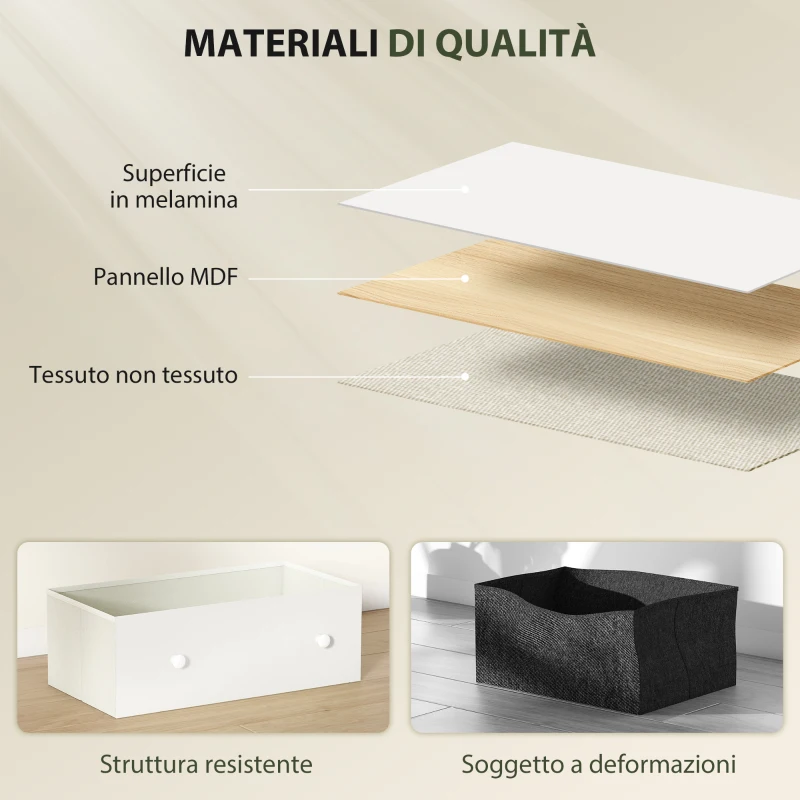 HOMCOM Cassettiera 6 Cassetti Pieghevoli con Maniglie Doppie, in Legno, Acciaio e Tessuto, 114x30x70 cm, Bianco e Grigio