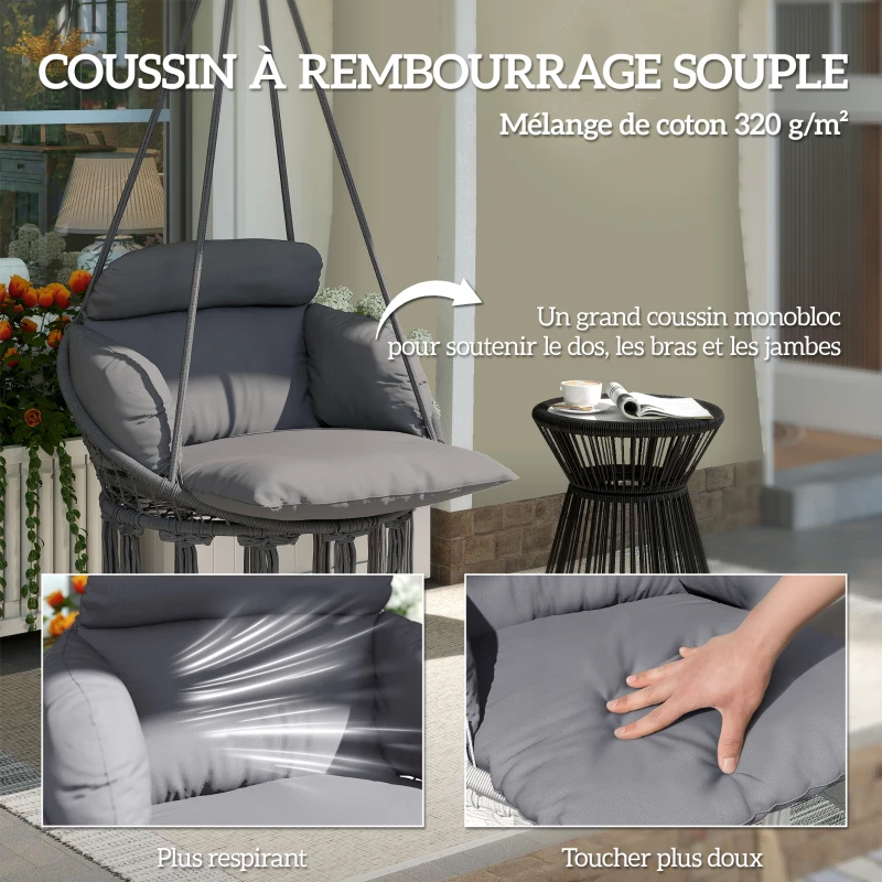 Outsunny Chaise suspendue avec grand coussin rembourré hamac fauteuil suspendu à franges kit de suspension 80 x 60 x 40 cm gris foncé