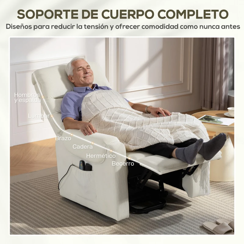 HOMCOM Sillón Levanta Personas con 8 Punto de Masaje Reposapiés Mando a Distancia y Bolsillo Lateral 83x92x110 cm Beige