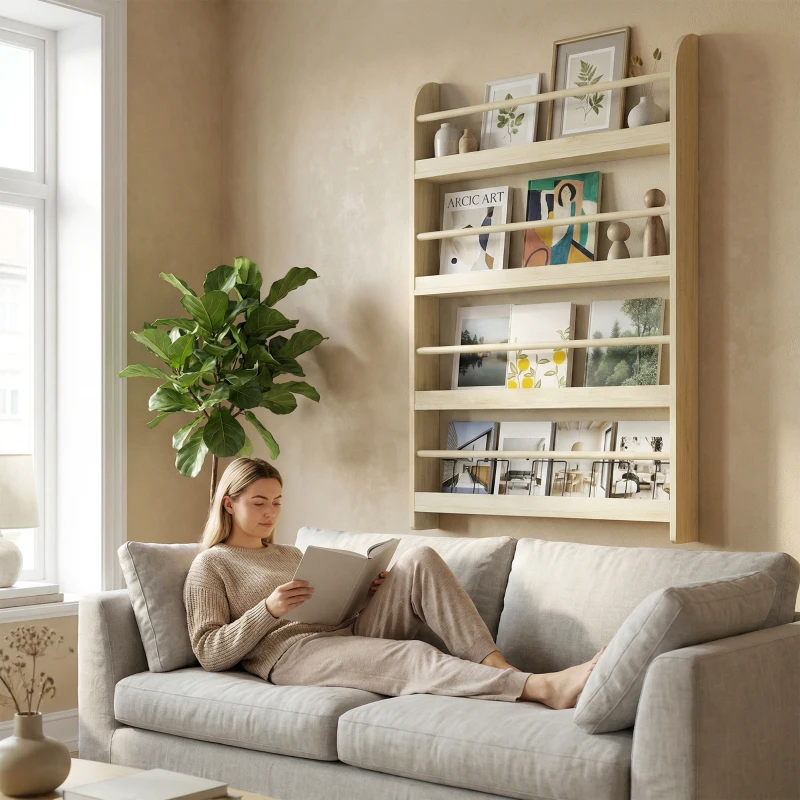 HOMCOM Libreria da Parete con 4 Ripiani per Casa e Ufficio, in Legno, 59x12x113 cm, Color Naturale