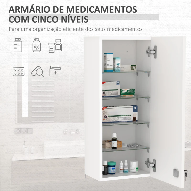 kleankin Armário de Medicamentos de Parede 5 Níveis com Prateleiras de Vidro Ajustáveis Fechadura Chaves 30x20x70 cm Branco
