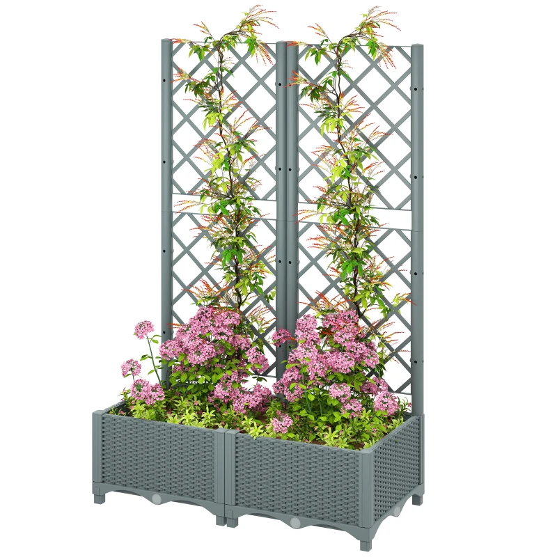Outsunny Raised Garden Bed with Trellis, Plastic Planter Box with Drainage Holes, Drain Plugs and Water Reservoirs for Climbing Plants, Vegetables, Flowers, Grey