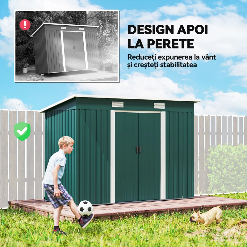 Outsunny Căsuță de Grădină 3,18m² din Oțel Zincat cu 2 Guri de Aerisire, Depozit pentru Unelte cu Uși Duble Culisante, Acoperiș Înclinat, 272x134x182 cm, Verde Întunecat