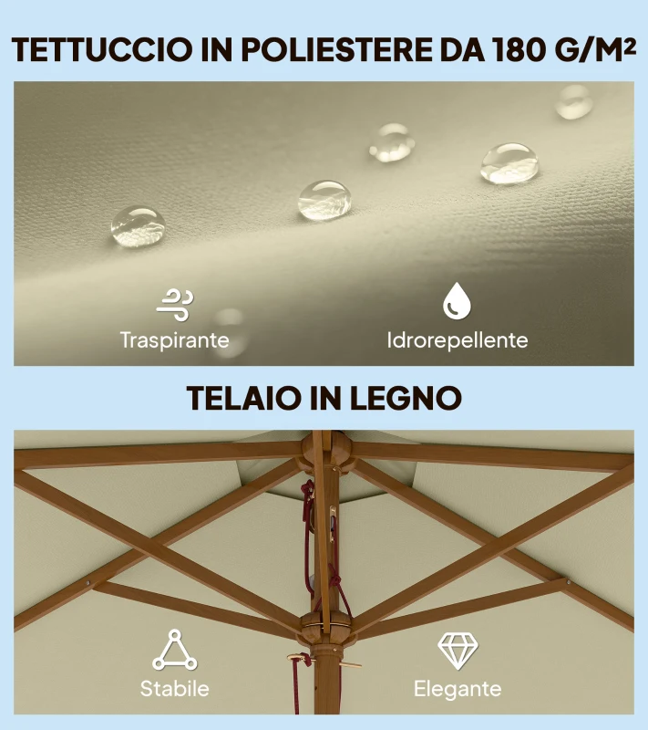 Outsunny Ombrellone da Giardino 2.5x2.3 m a 6 Stecche in Legno Laccato e Poliestere, Beige