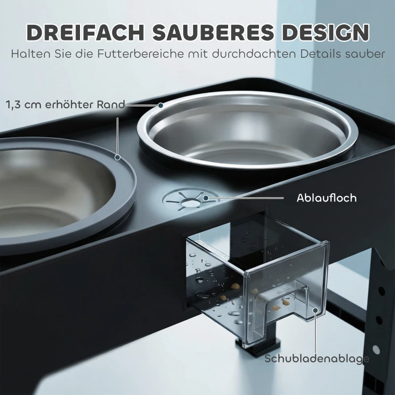 PawHut Verhoogde Hondenbak Hoogteverstelbaar Voerbak met Waterbak en 2 RVS kommen voor kleine tot grote honden Zwart