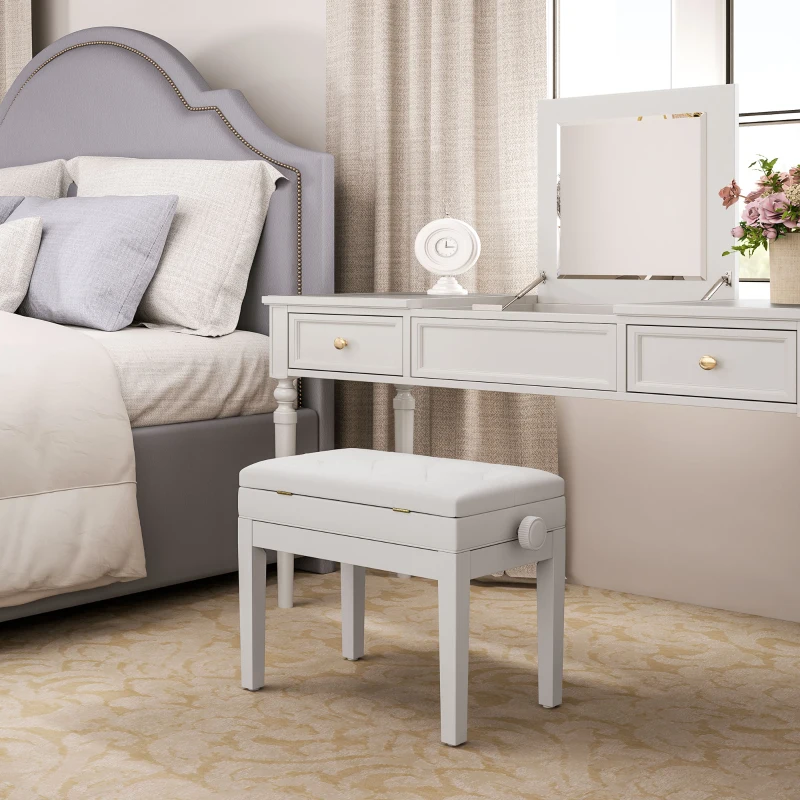 HOMCOM Scaun de Pian Reglabil cu Compartiment de Depozitare și șezut capitonat, 54.5x33x48-58 cm, Alb