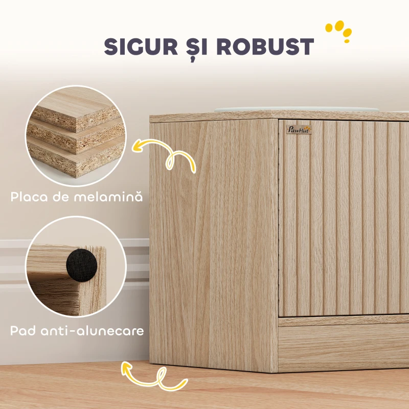 PawHut Suport pentru boluri pentru câini cu 2 boluri de 2L și dulap inferior, din lemn, 60x30x35,5 cm, stejar