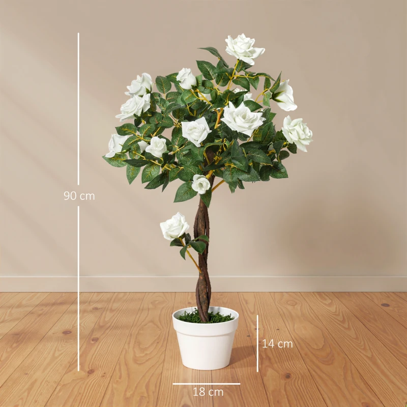 Outsunny Artificial Plants White Rose Floral in Pot, Fake Plants for Home Indoor Decor, 90cm