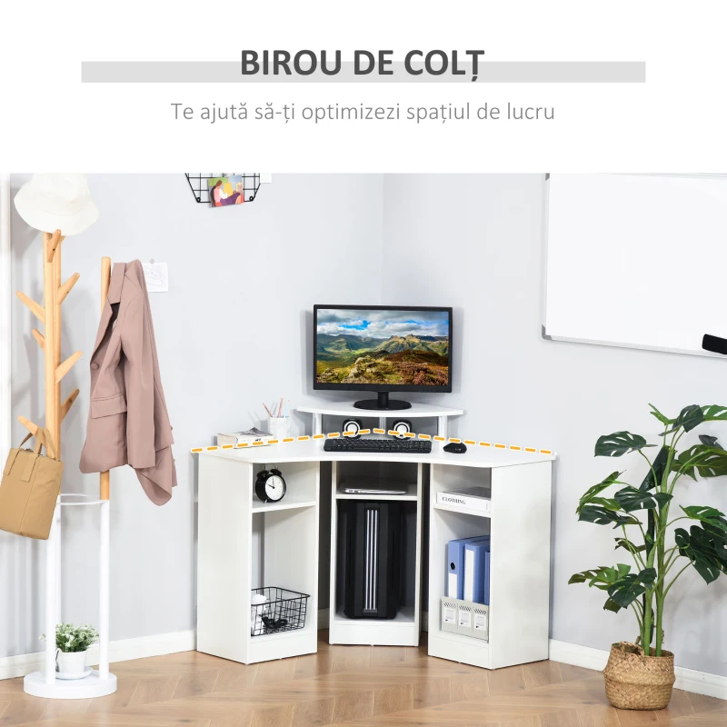 HOMCOM Birou Unghiular pentru Camera Birou pentru Computer din Lemn cu Raft pentru Monitor
