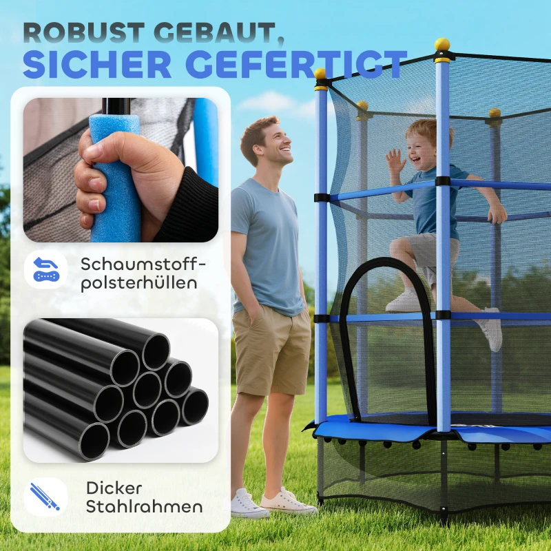 HOMCOM Trampolin für Kinder, Ø140 cm, mit Sicherheitsnetz, für innen und außen, Stahl, Kunststoff, belastbar bis 50 kg, Blau
