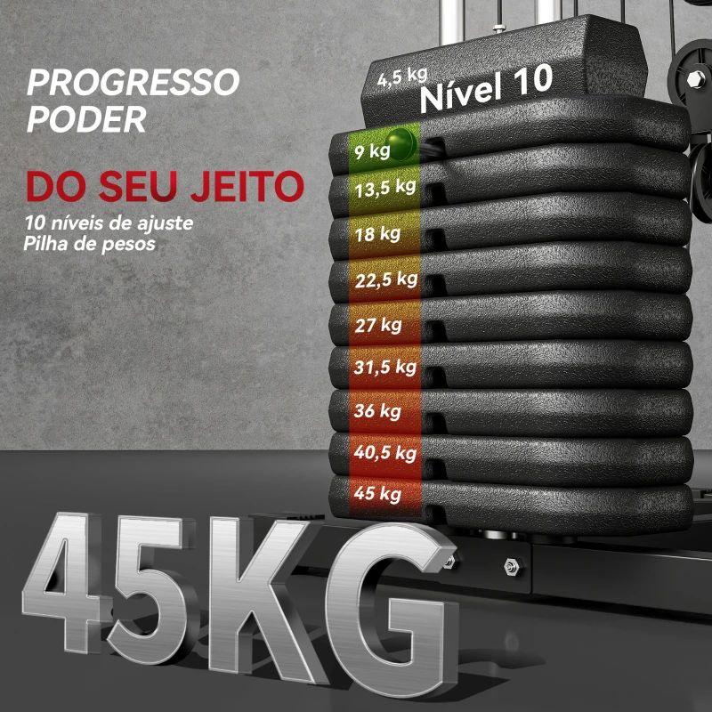 HOMCOM Máquina de Musculação com Pesos Ajustáveis de 45 kg, Press de Peito e Pernas, Polia 135x103x210 cm, Preto