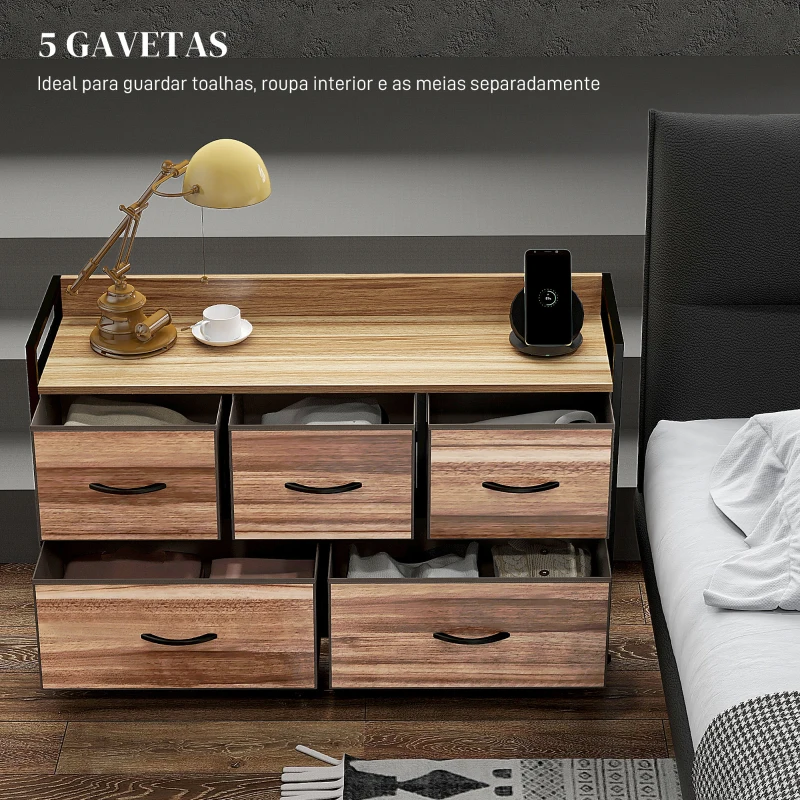HOMCOM Cómoda com 5 Gavetas de Tecido Cómoda de Estilo Industrial com Estrutura Metálica para Quarto 98x29x63 cm Carvalho