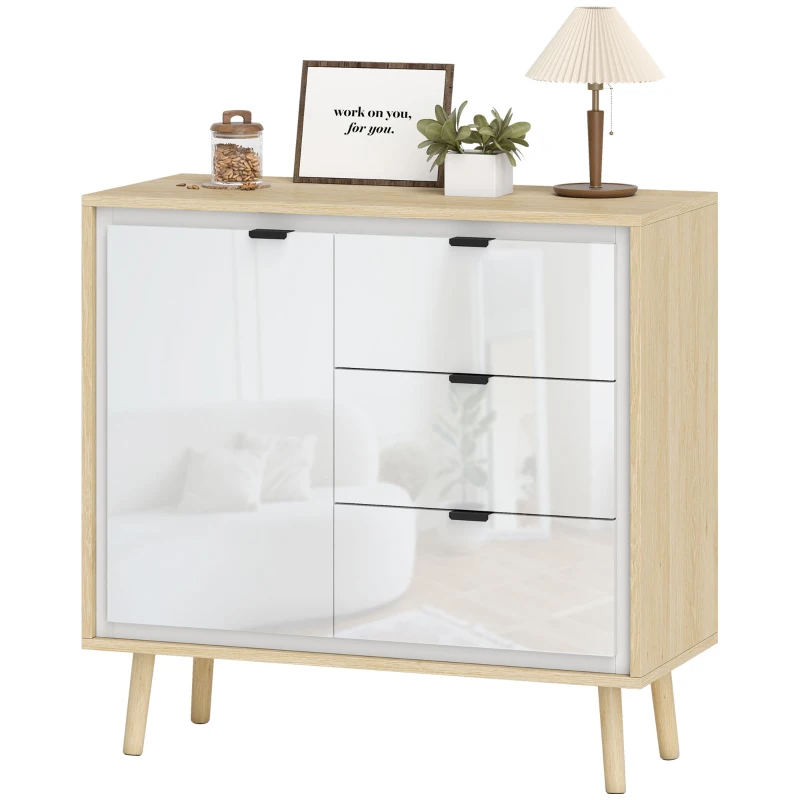 HOMCOM Credenza Moderna con 3 Cassetti e Armadietto, Ripiano Interno Regolabile e Ante Lucide, Bianco e Rovere