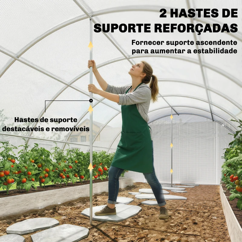 Outsunny Estufa Tipo Túnel com 2 Barras de Suporte, 2 Portas Enroláveis e Janelas com Rede, Cobertura de PE Anti-UV Branco