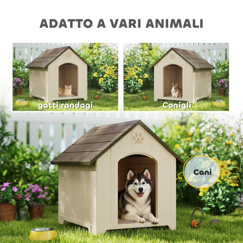 PawHut Cuccia per Cani Rialzata con Tetto Inclinato e Prese d'Aria, in PP, 102x94x103 cm, Beige e Marrone Scuro