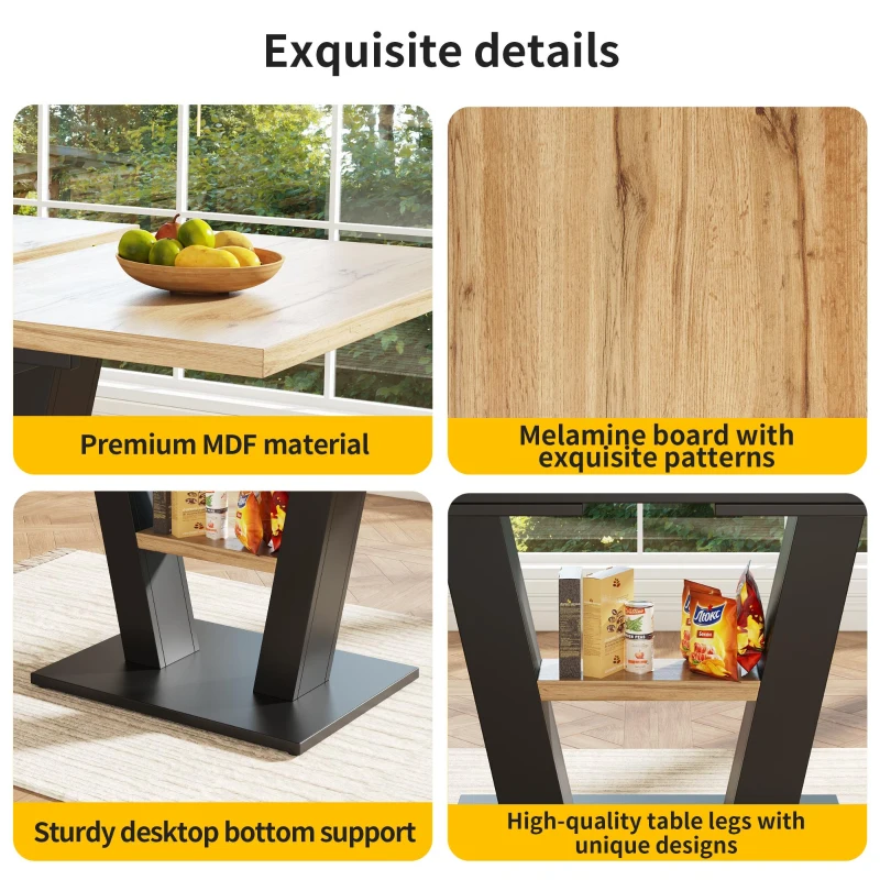 Extendable Dining Table with Marbled MDF Top and V-Shaped Metal Legs, Space-Saving Desk for Seats 6–8, 118L x 70W x 75H cm, Black+Natural