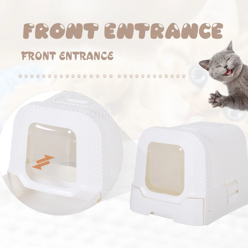 PawHut Pet Cat Litter Box, Enclosed Pet Toilet with Handle, Scoop 54L × 42W × 41H cm - White