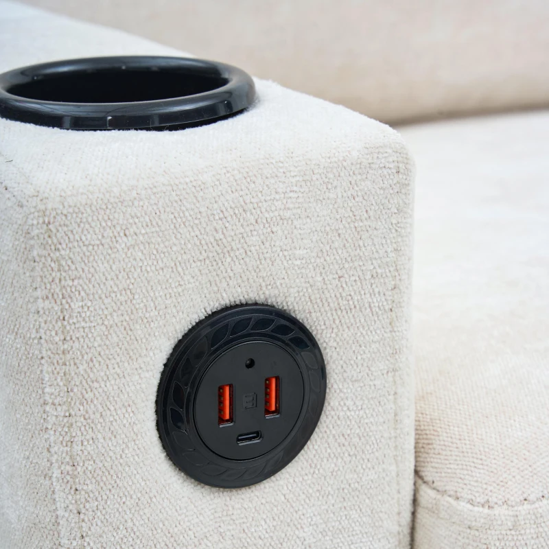 L-Shaped Corner Sofa with USB Charging Ports and Cup Holders, Modular Sofa with Storage Ottoman and Pockets, 202L x 137W x 80H cm, Beige