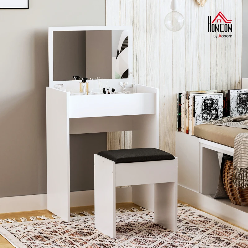 HOMCOM Dressing Table with Mirror and Stool, Vanity Makeup Table with Flip Up Mirror, Vanity Desk with Storage Unit and Padded Seat, White