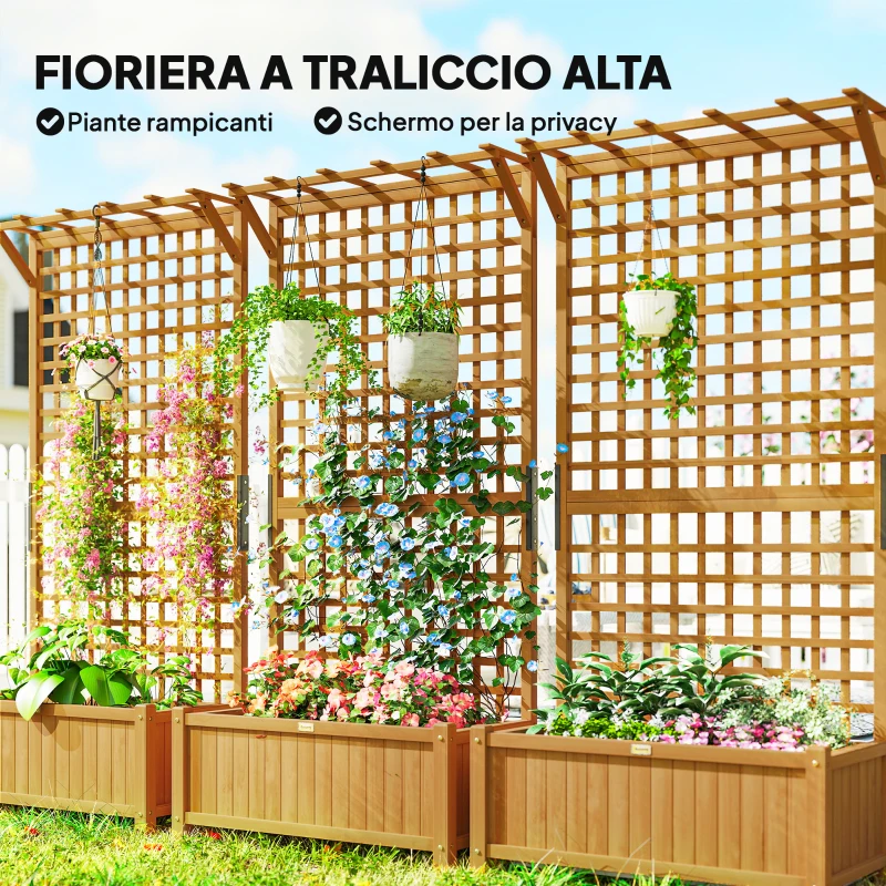 Outsunny Fioriera da Giardino con Traliccio per Piante Rampicanti in Legno, 90x45x183 cm, Giallo