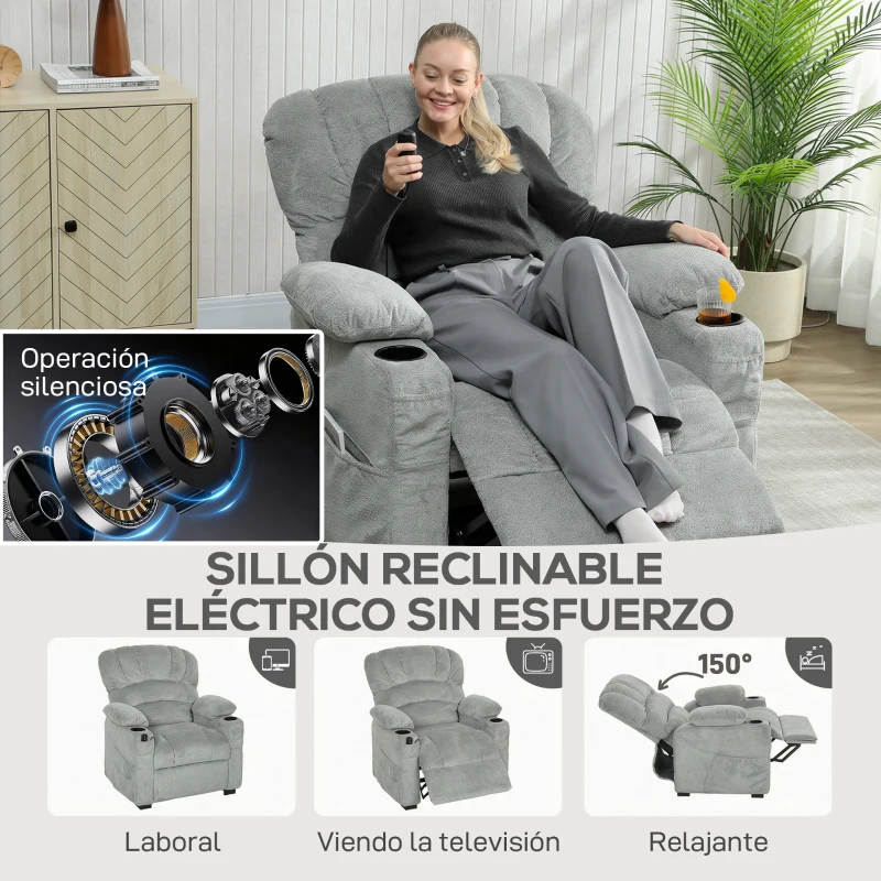 HOMCOM Sillón Relax Reclinable Eléctrico Silencioso con Función Memoria Reposapiés Mando a Distancia Bolsillo Lateral Gris