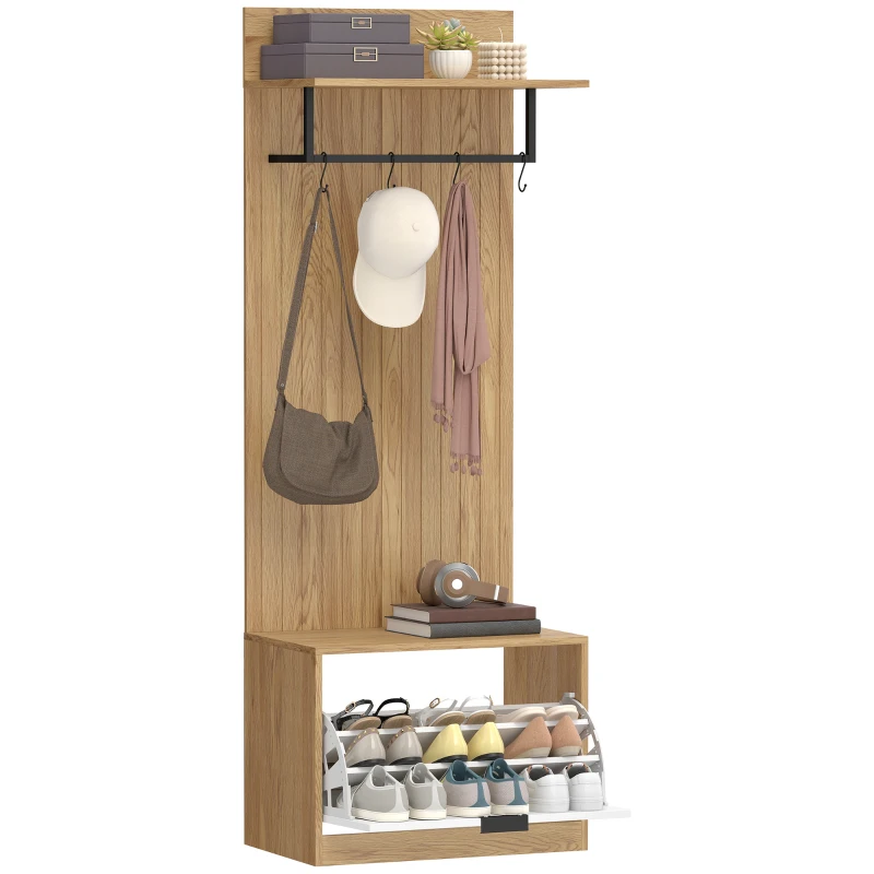 HOMCOM Garderobenschrank mit Sitzbank, Schuhschrank und Garderobe mit 4 Haken, 60x30x170 cm, Rovere und Weiß