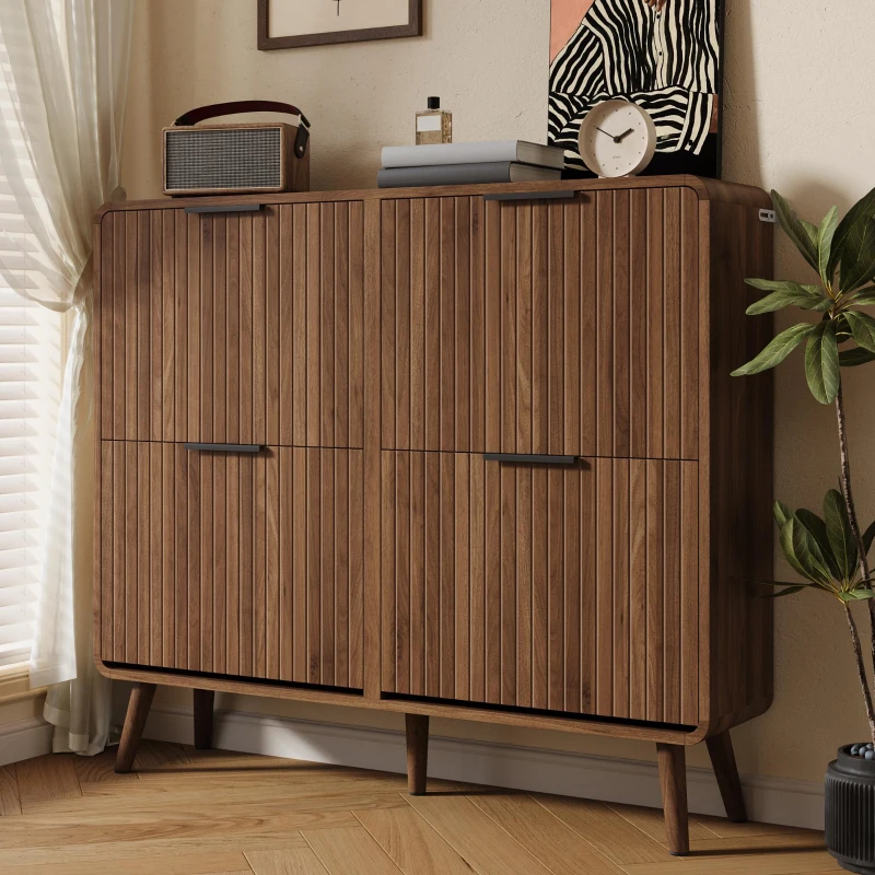 Moderner Schuhschrank, vierflügeligen Klapptüren, doppelstöckigem Stauraum für 18–24 Paar Schuhe, 105 x 24 x 90 cm, Naturfarbe
