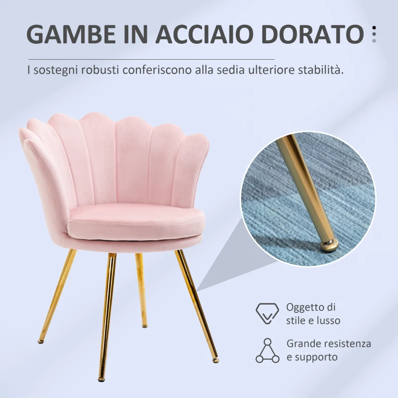 HOMCOM Poltrona da Salotto a Conchiglia Stile Vintage in Velluto con Gambe Dorate Rosa