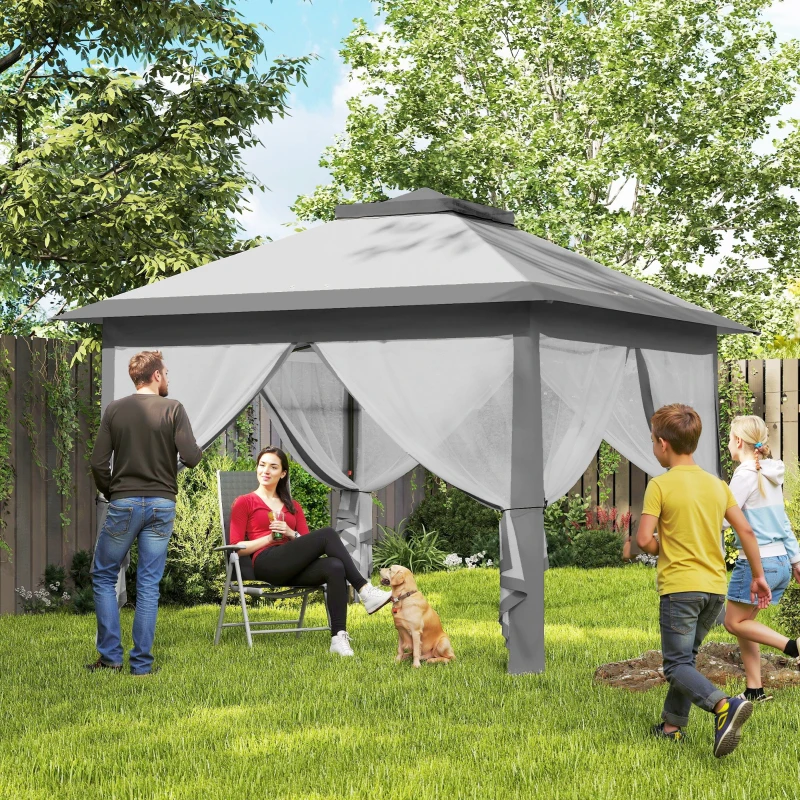 Outsunny Faltpavillon, Gartenpavillon, Metall und Stoffplane, Netzvorhänge, Entwässerungslöcher, 330L x 330B x 288H cm, Grau