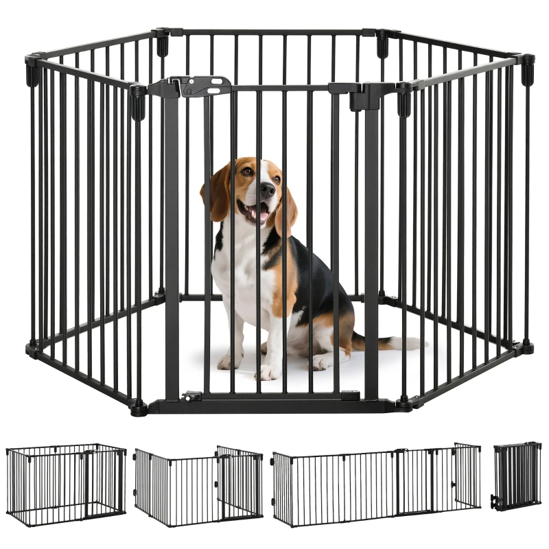 PawHut Dog Safety Gate 6-Panel Playpen Fireplace Christmas Tree Steel Fence Stair Barrier Room Divider Black