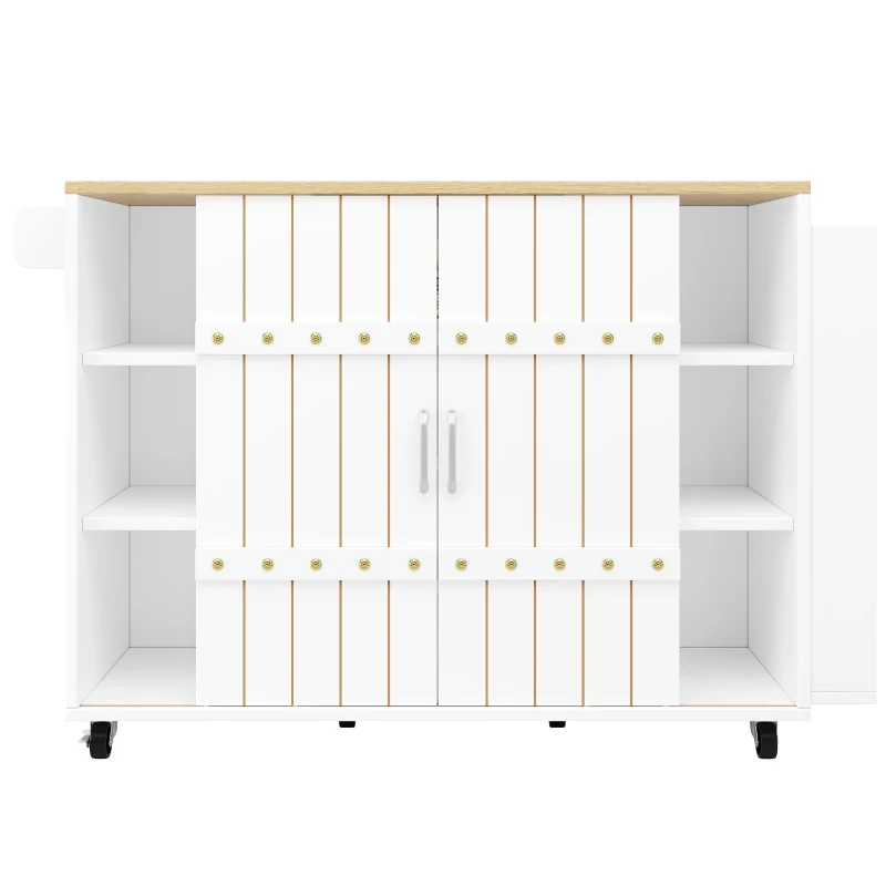 Modern Kitchen Island with Aluminium Handles and 2 Lockable Castors, Serving Trolley with Fold-Out MDF Worktop, 110L x 42W x 90H cm, White