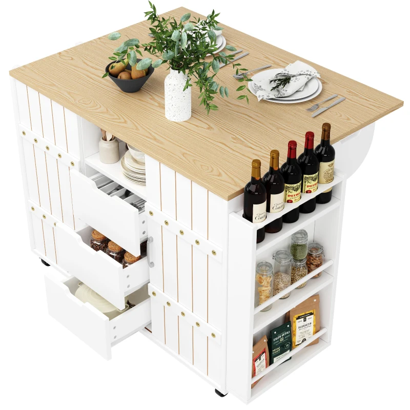 Modern Kitchen Island with Aluminium Handles and 2 Lockable Castors, Serving Trolley with Fold-Out MDF Worktop, 110L x 42W x 90H cm, White